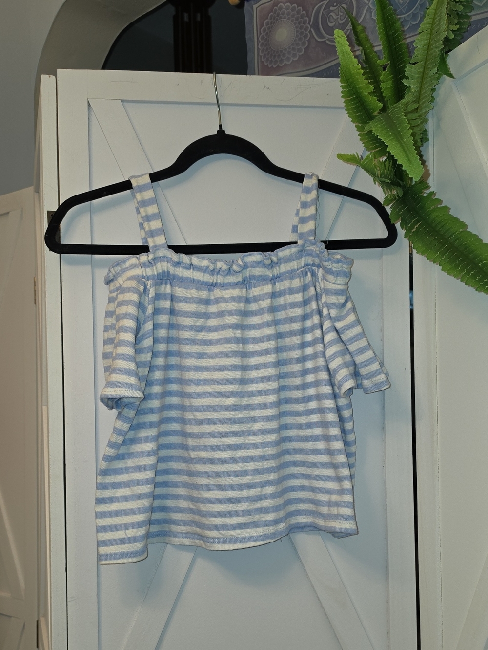 Caution To The Wind Blue & White Striped Off-Shoulder Kids Top